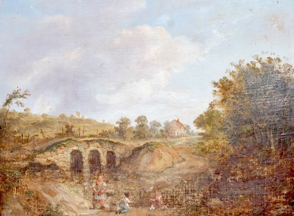 19th century, English School, Riverscape with children fishing, unsigned, oil on canvas, 48 x 64cm, gilt frame